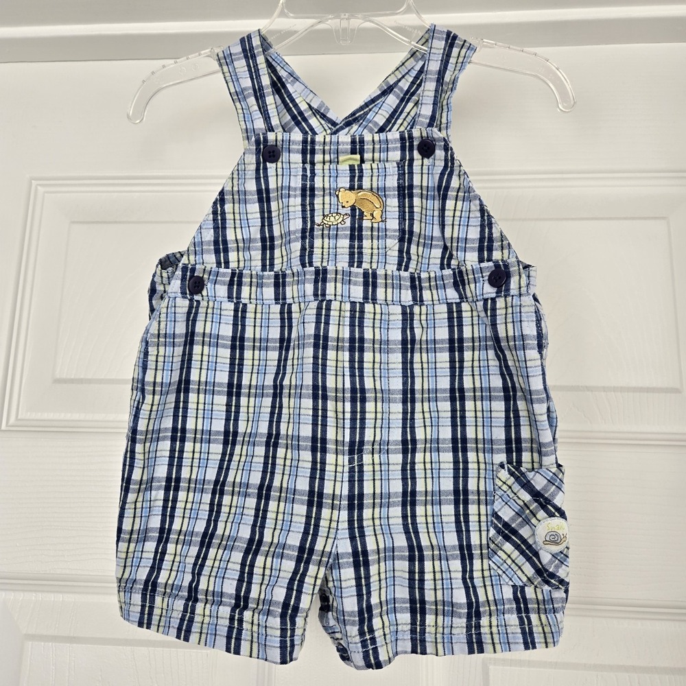 Classic Pooh Vtg Winnie The Pooh Shortalls Boys Size 6M Blue Plaid Overalls